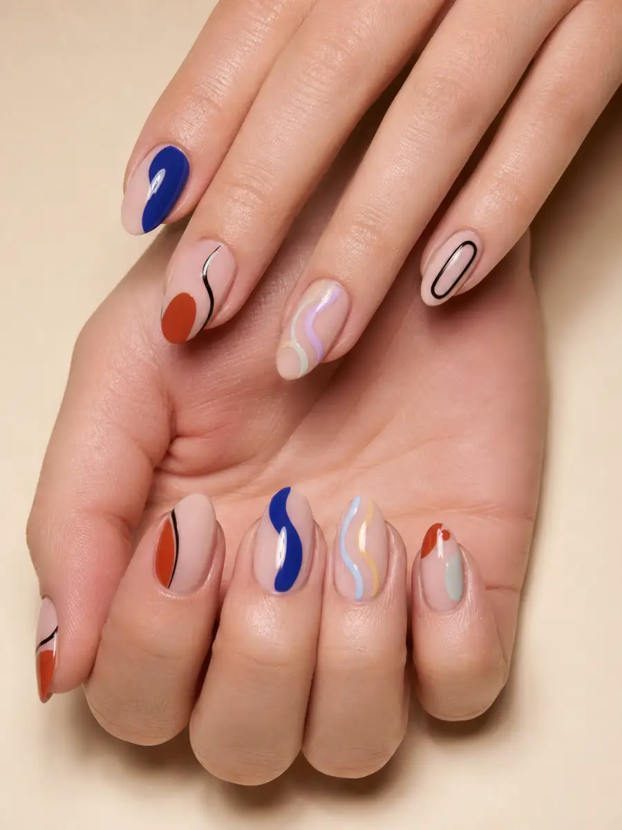 Cobalt Curve Abstract Nails: almond, abstract freehand shapes on nude base, cobalt curve abstract