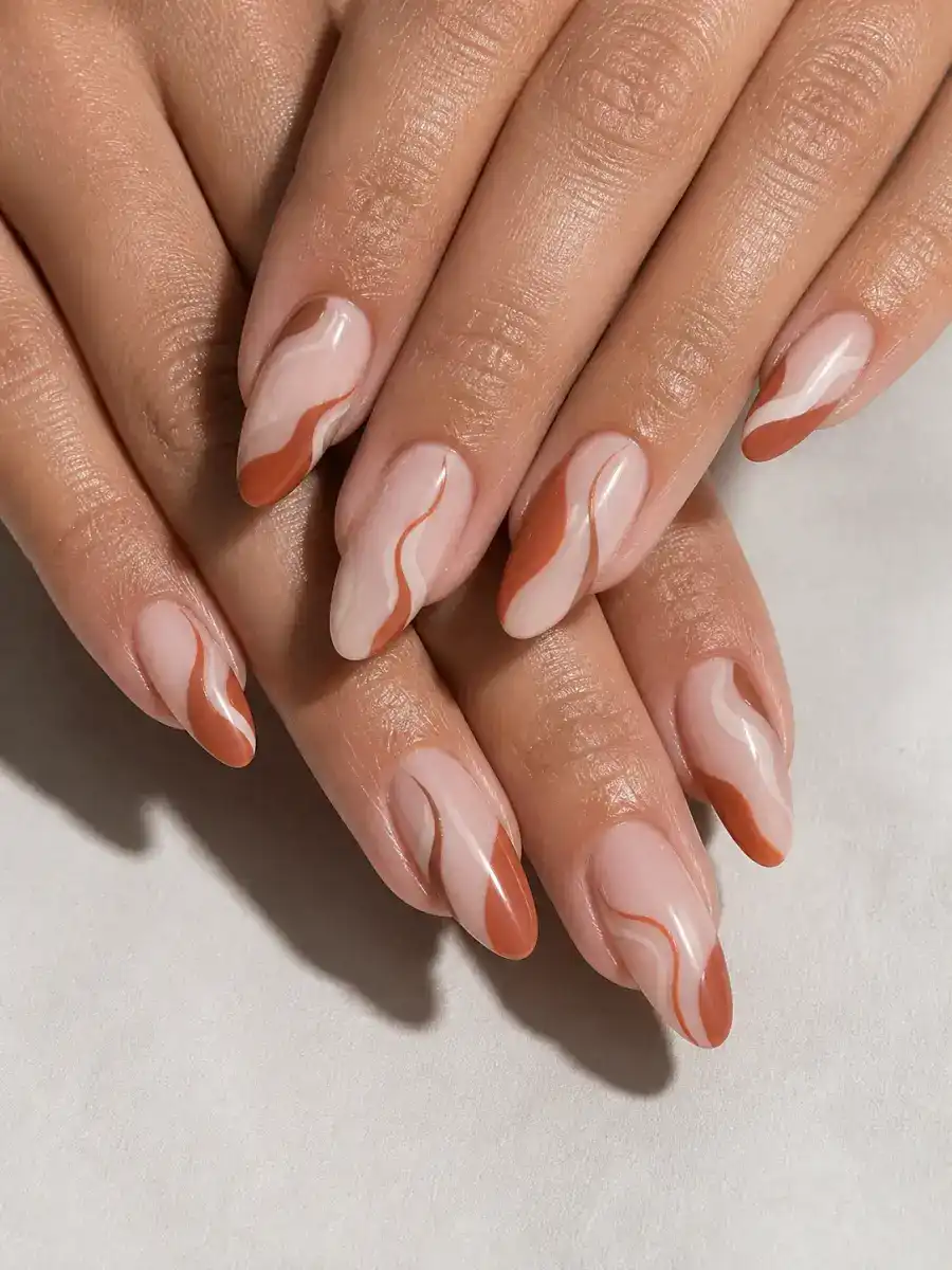 Terracotta Shape Nails: almond, abstract freehand shapes on nude base, terracotta shape