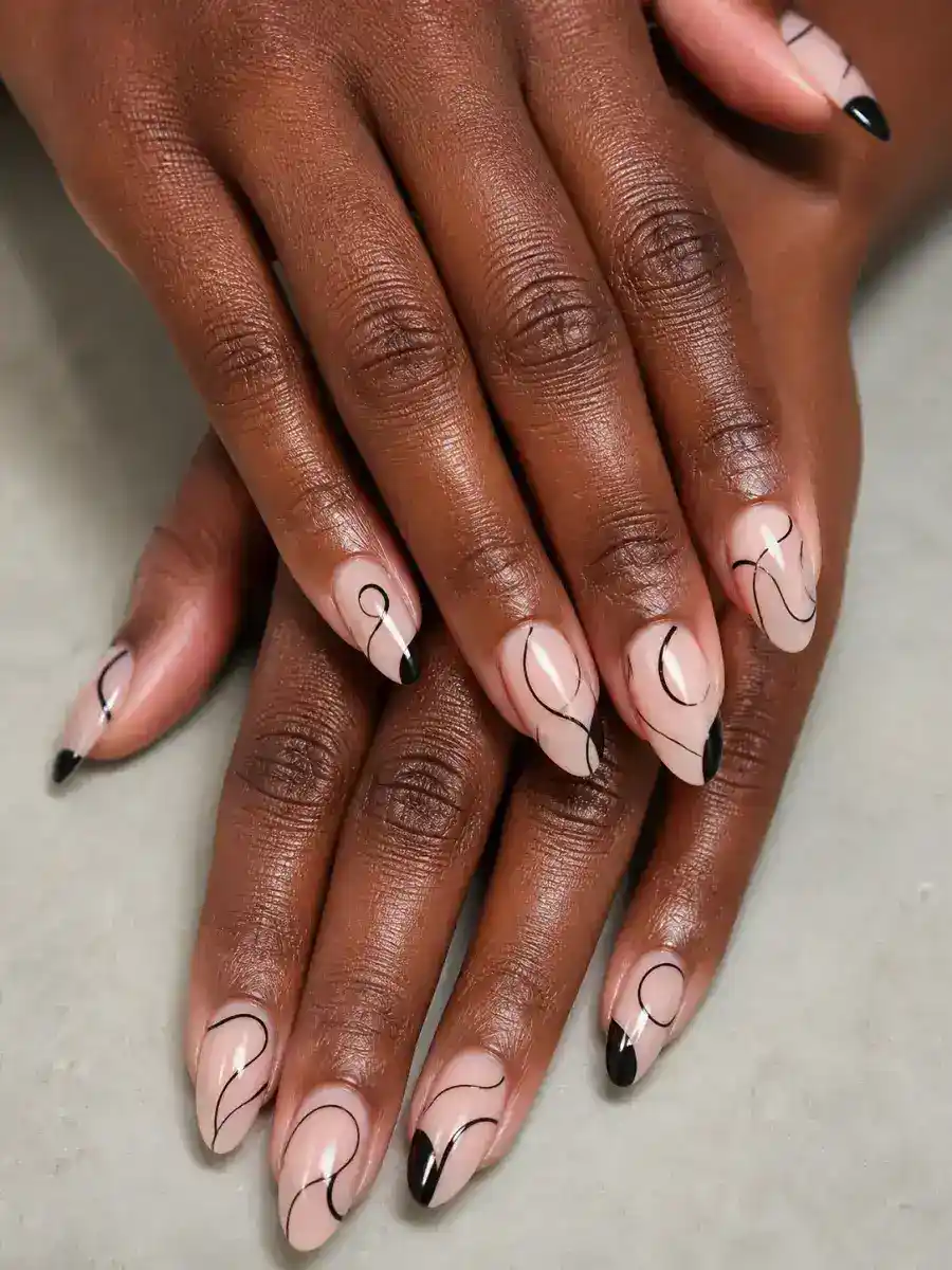 Black Line Abstract Nails: almond, abstract freehand shapes on nude base, black line abstract