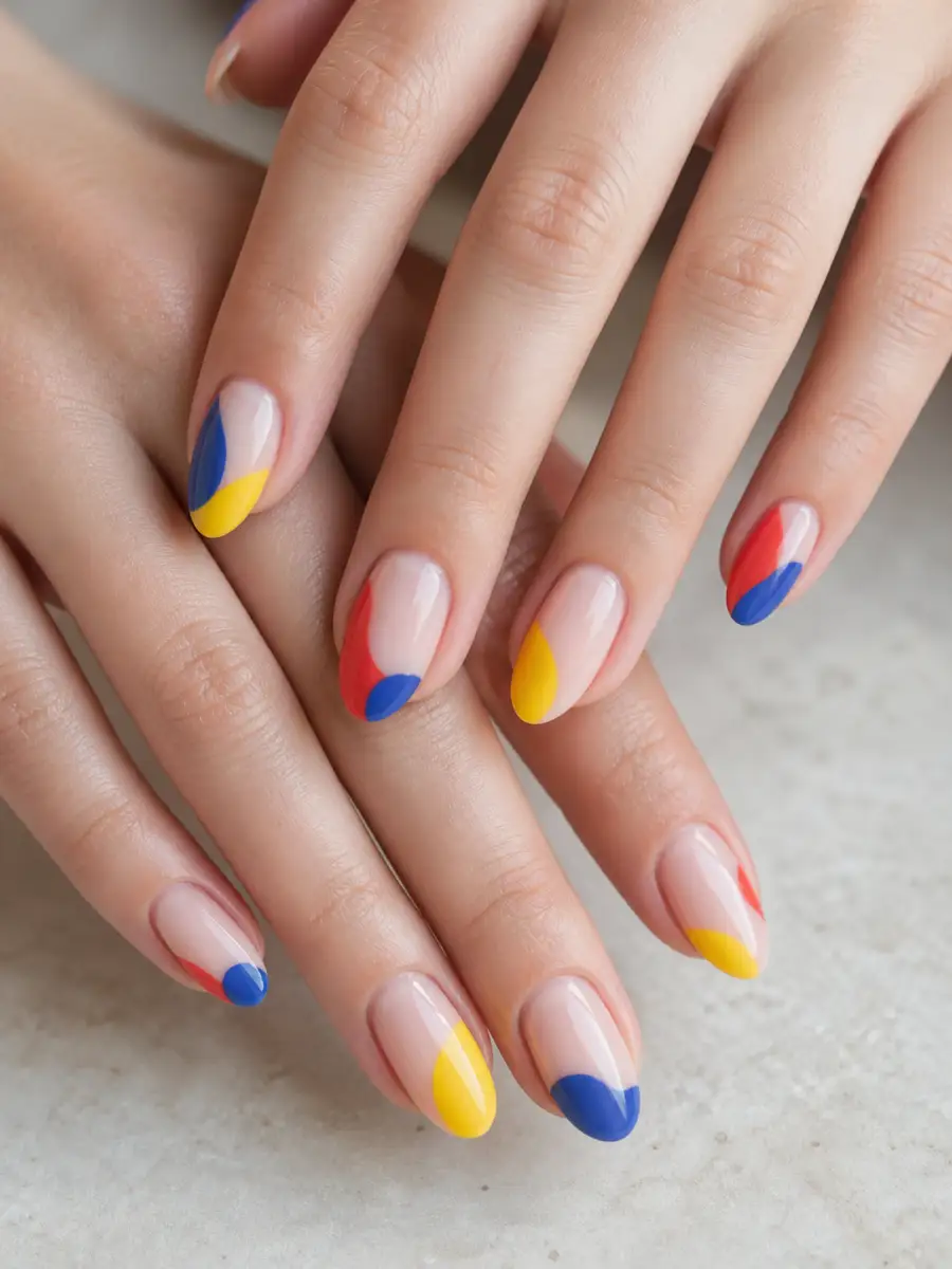 Primary Colour Block Nails: almond, abstract freehand shapes on nude base, primary colour block