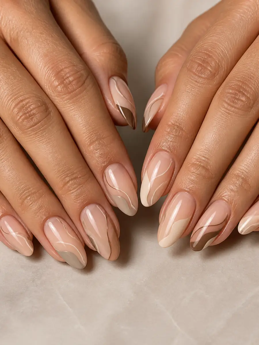 Neutral Abstract Almond Nails: almond, abstract freehand shapes on nude base, neutral abstract almond