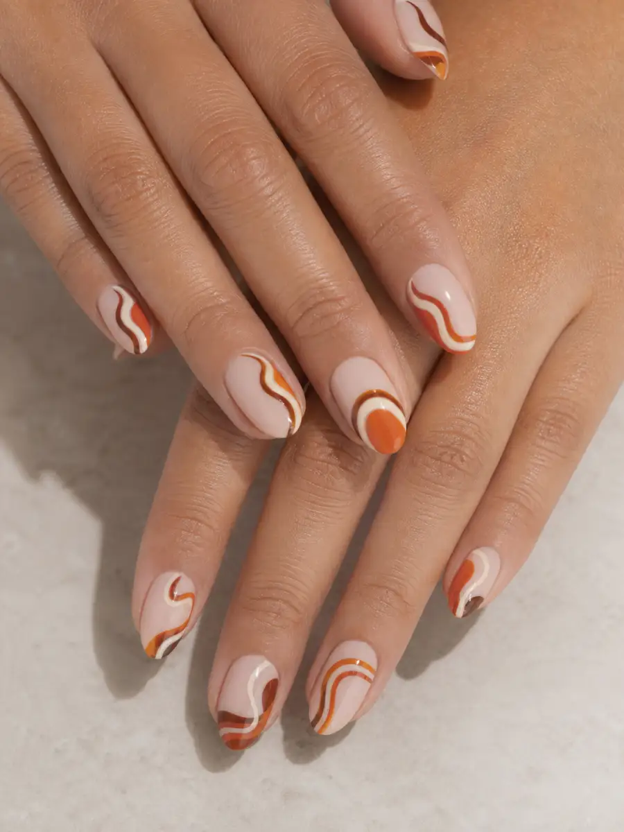 Retro Wave Nails: almond, abstract freehand shapes on nude base, retro wave