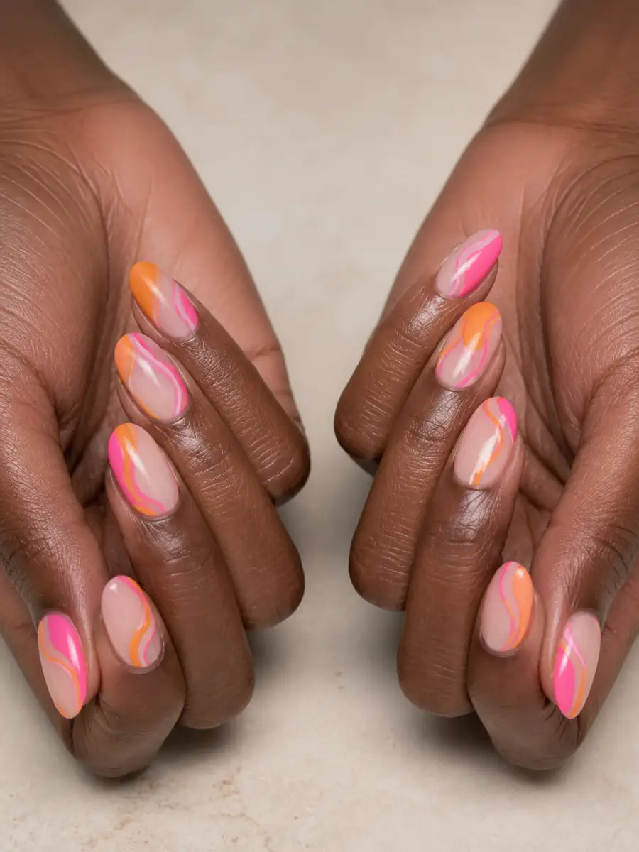 Pink Orange Abstract Nails: almond, abstract freehand shapes on nude base, pink orange abstract
