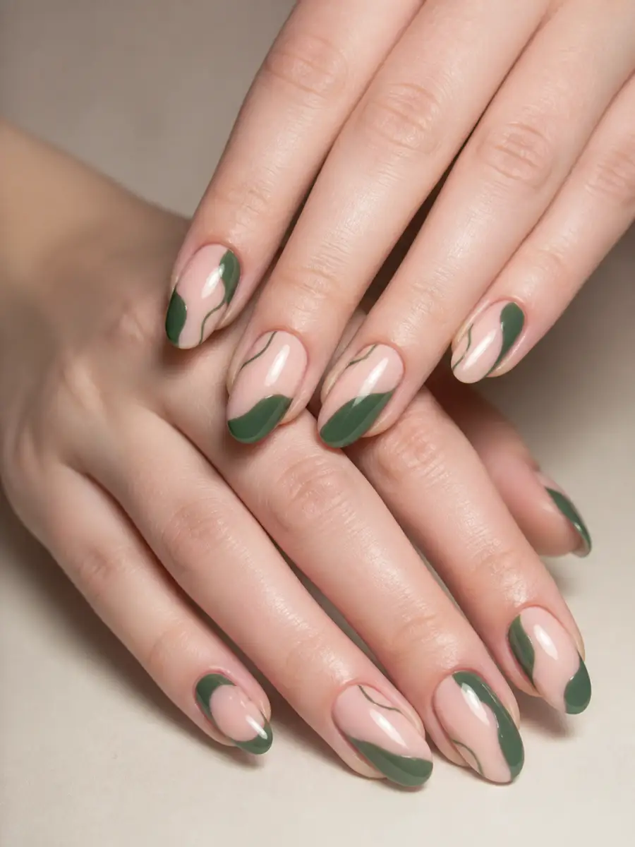 Green Negative Space Nails: almond, abstract freehand shapes on nude base, green negative space