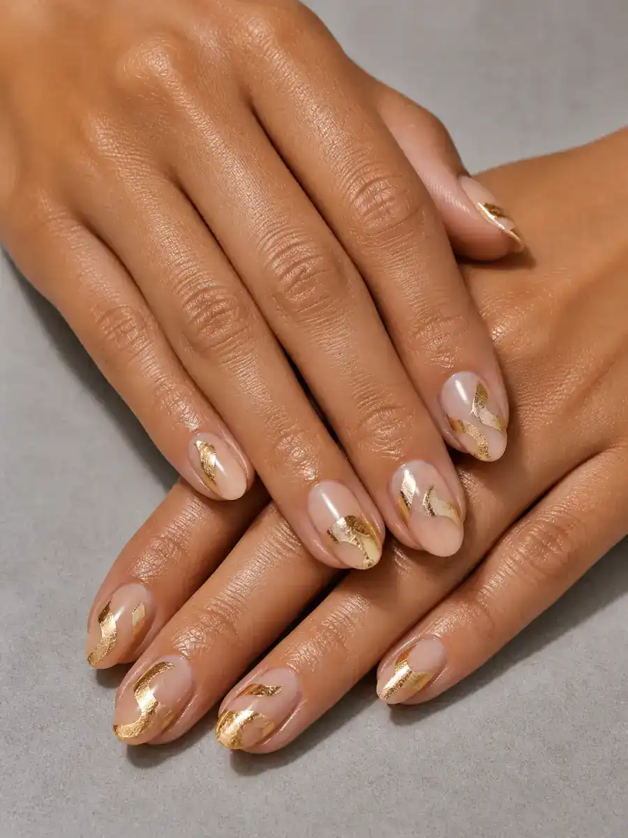 Gold Foil Shape Nails: almond, abstract freehand shapes on nude base, gold foil shape