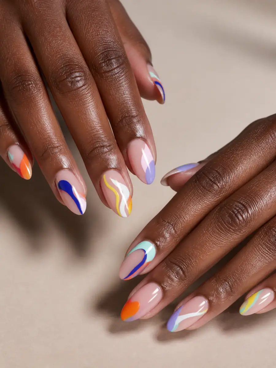 Colourful Mix and Match Art: almond, abstract freehand shapes on nude base, colourful mix and match art