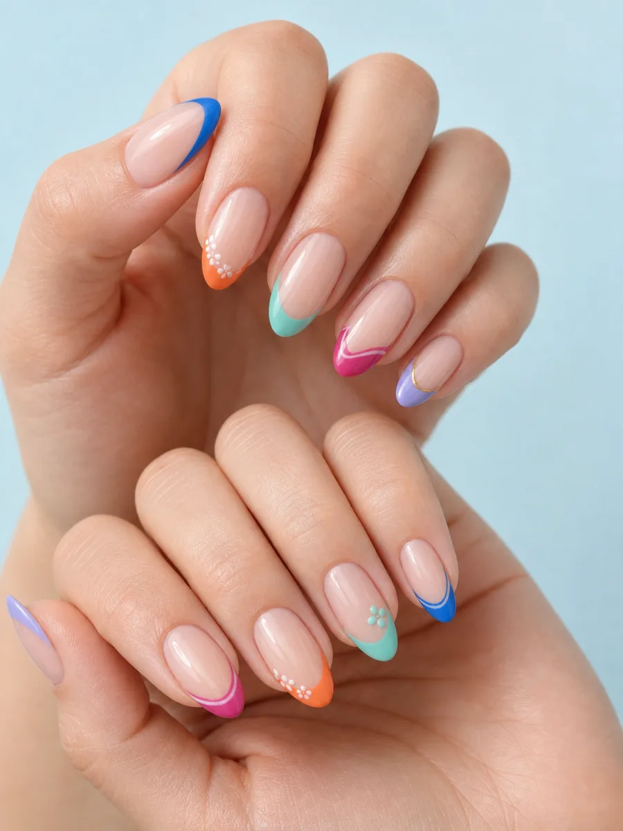 Colourful Mix and Match Almond French Tips: two hands, medium almond, cobalt, tangerine, mint, raspberry and lilac French details