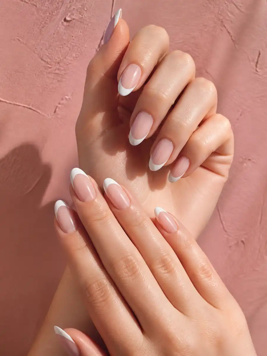 Glossy Almond French Tip Nails: almond french tip, glossy top coat