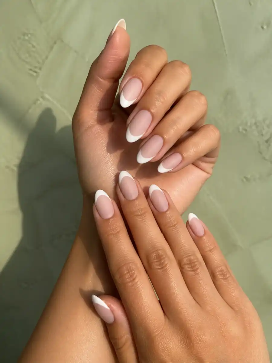 Matte Almond French Tip Nails: almond french tip, matte top coat