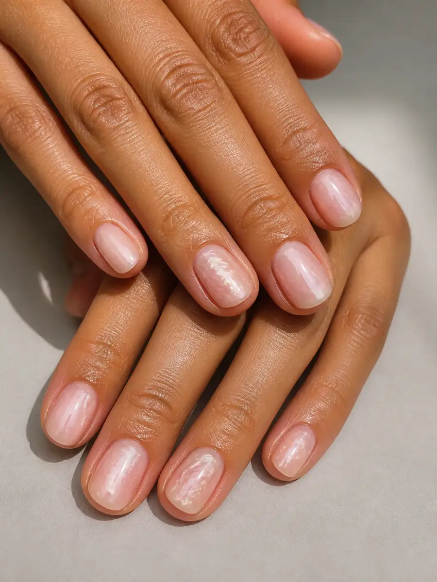 Shell Pink Nails: short, sand and shell tones, milky finish, shell pink