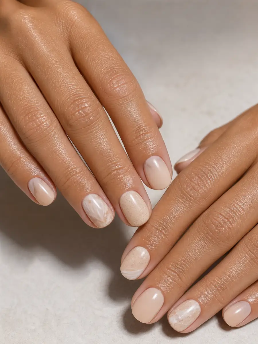 Sand Beige Manicure: short, sand and shell tones, milky finish, sand beige manicure