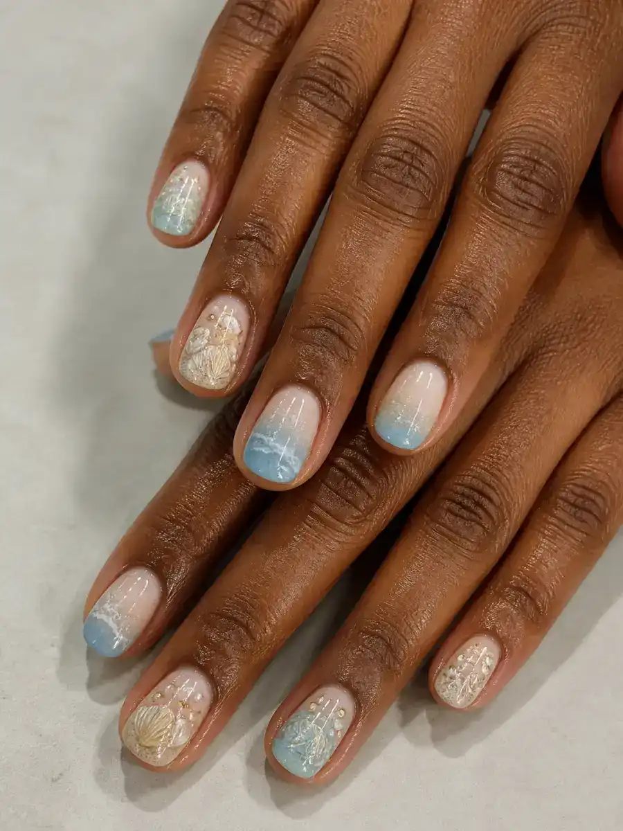 Ocean Ombre Nails: short, sand and shell tones, milky finish, ocean ombre