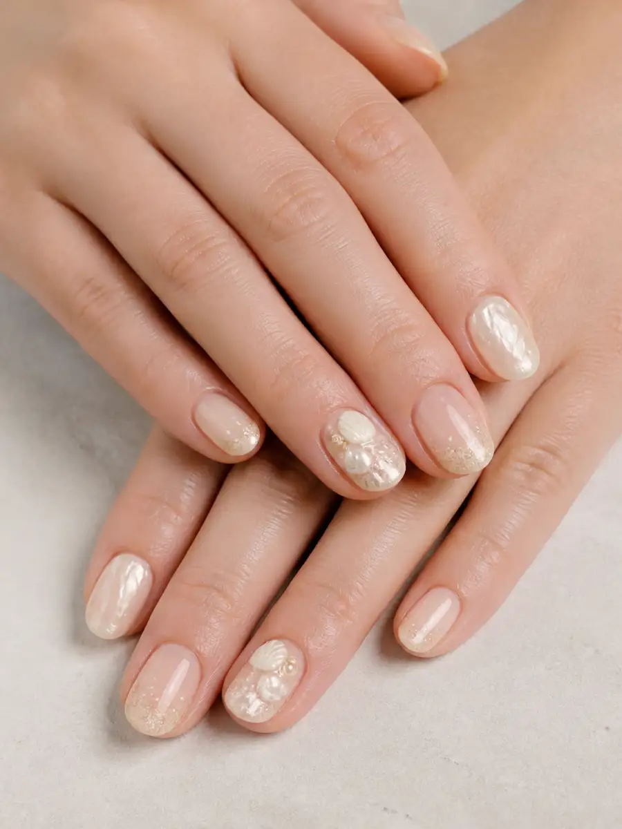 Pearl Beach Nails: short, sand and shell tones, milky finish, pearl beach