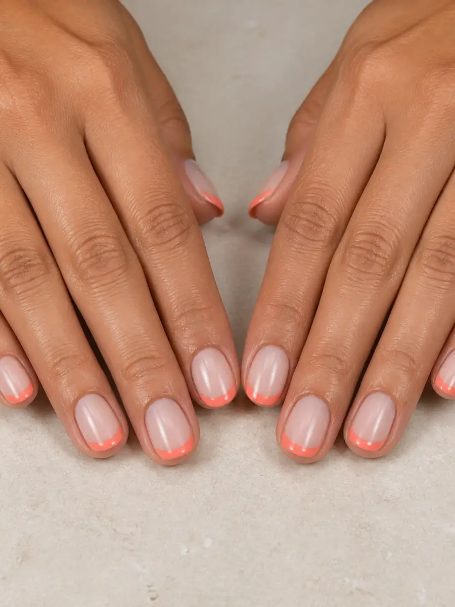 Coral French Tips: short, sand and shell tones, milky finish, coral french tips