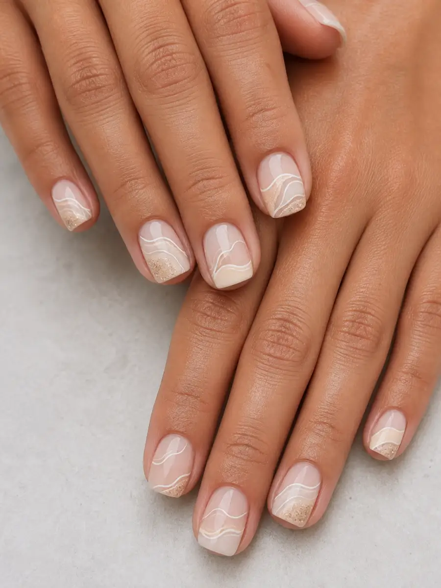 Wave Line Nails: short, sand and shell tones, milky finish, wave line