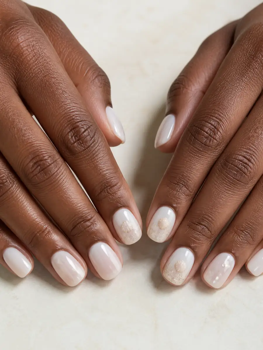 Milky White Beach Nails: short, sand and shell tones, milky finish, milky white beach