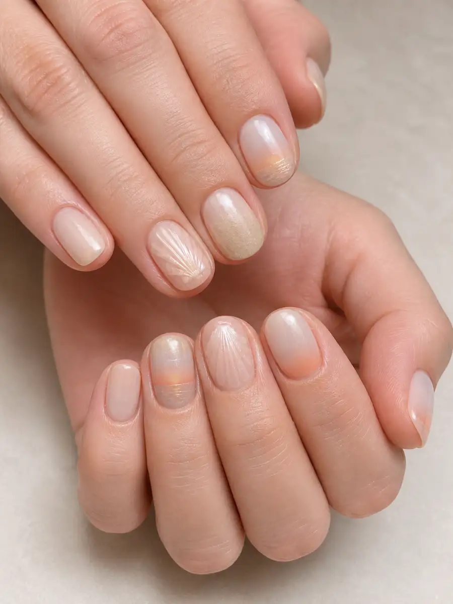 Sunset Beach Nails: short, sand and shell tones, milky finish, sunset beach