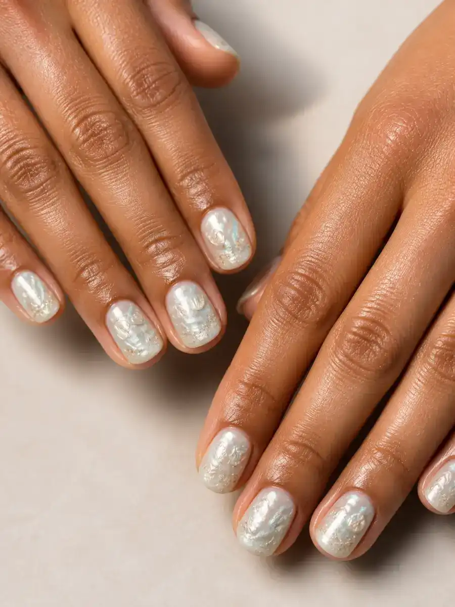 Aqua Chrome Nails: short, sand and shell tones, milky finish, aqua chrome