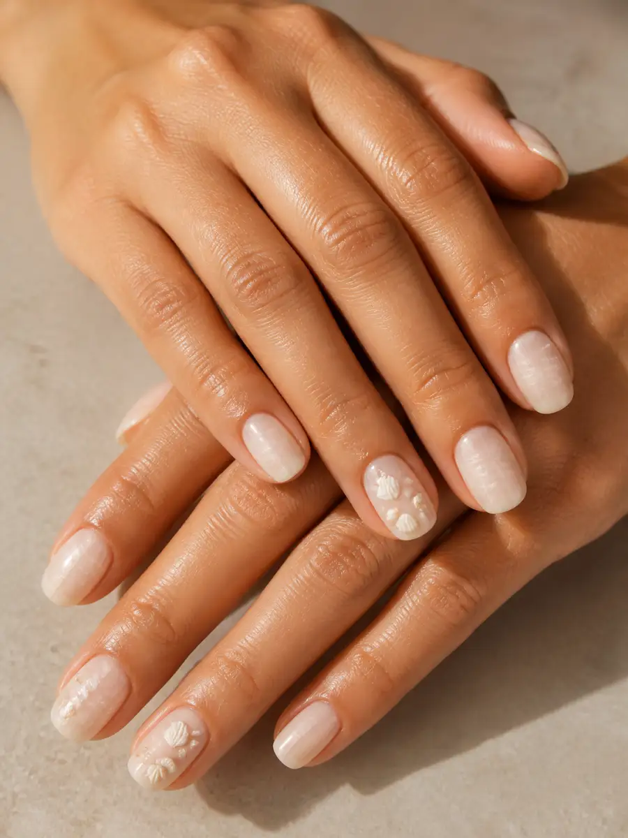 Tiny Shell Accent Nails: short, sand and shell tones, milky finish, tiny shell accent