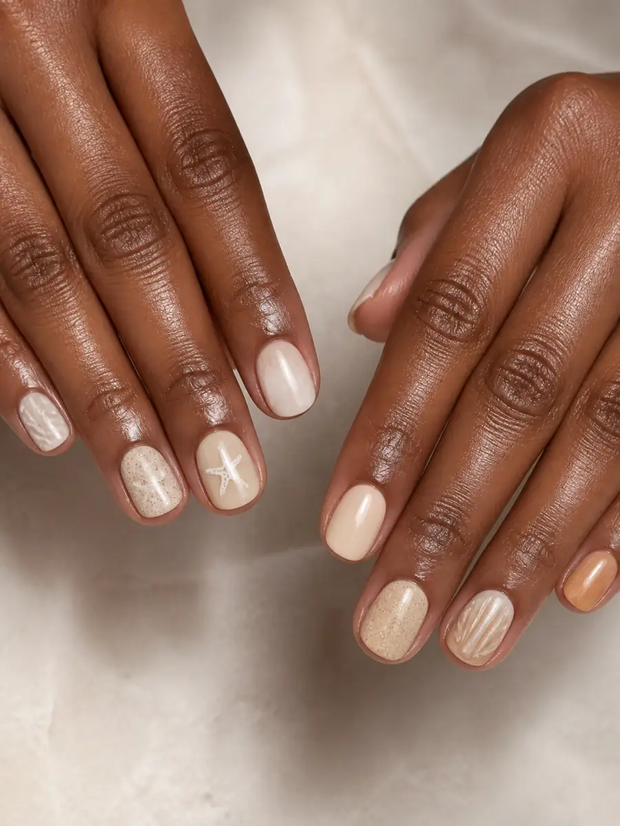 Coastal Mix and Match Nails: short, sand and shell tones, milky finish, coastal mix and match