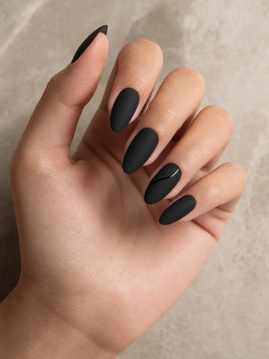 Matte Black Almond Nails: long soft almond, velvet matte black with tonal accent