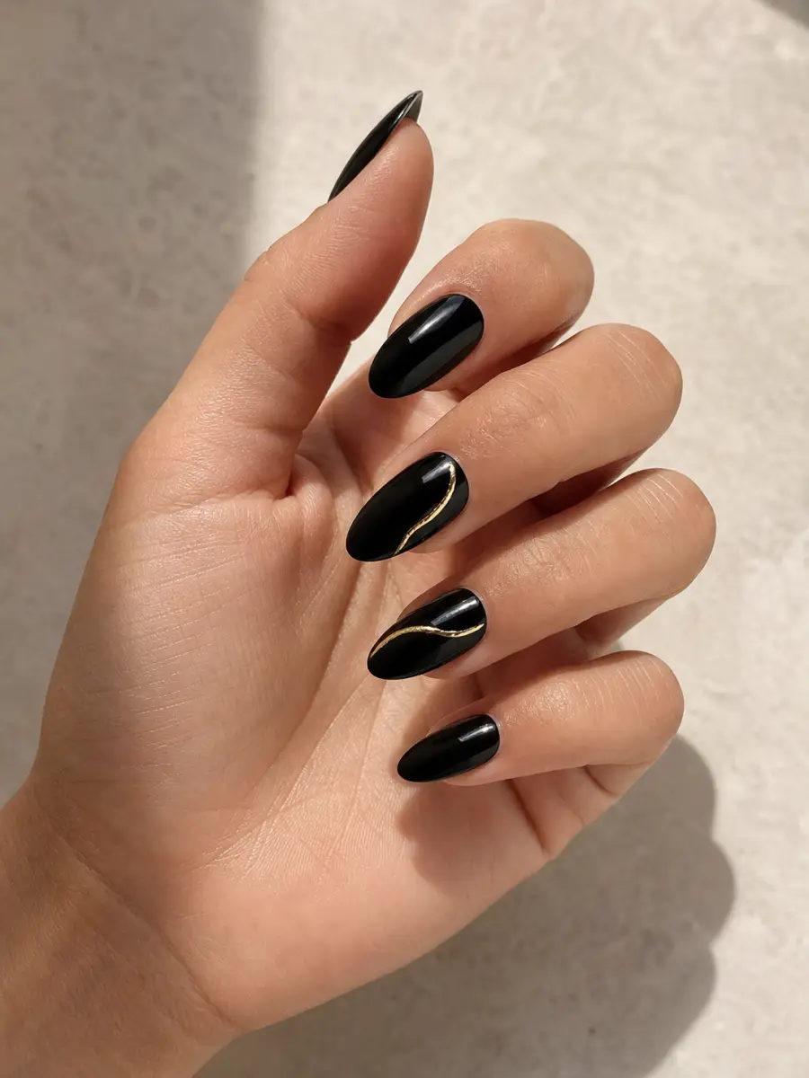 Black and Gold Almond Nails: medium almond, black gloss with fine gold foil arcs