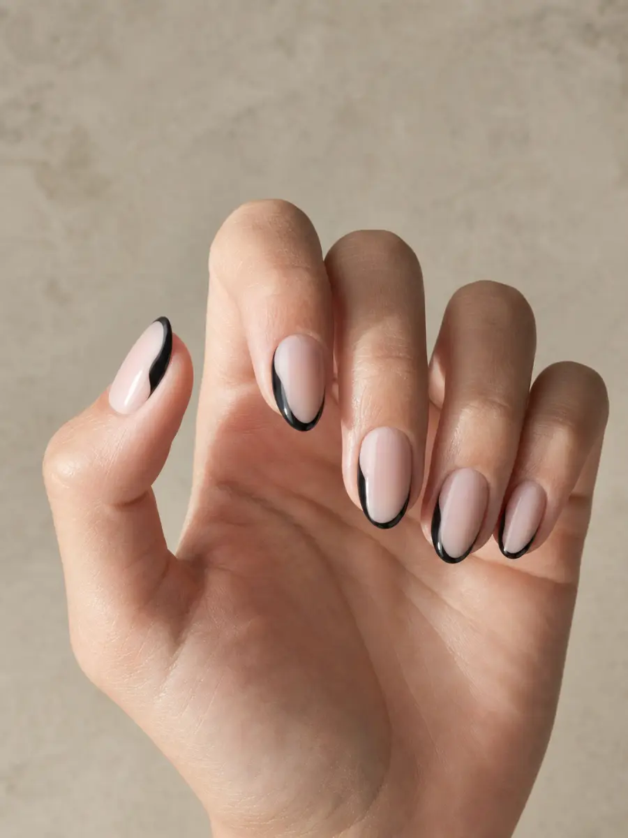 Negative Space Black Almond Nails: short almond, black side French over sheer nude