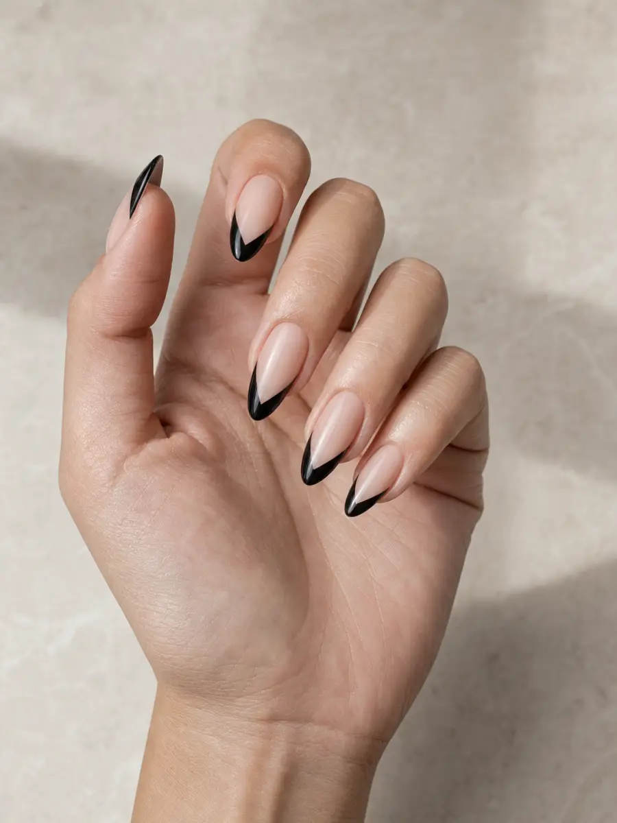 Black French Almond Nails: long almond, black V-shaped French tip