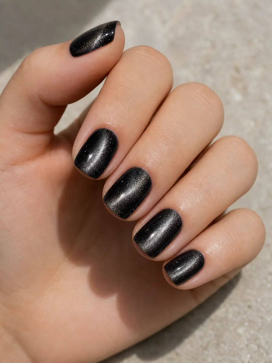 Black Diamond Cat Eye Almond Nails: short almond, black magnetic gel with silver beam