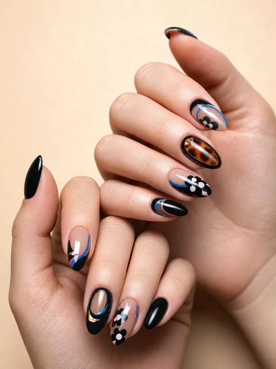 Graphic Black Almond Mix and Match Nails: two hands, medium almond, glossy black with mod flowers, tortoiseshell, cobalt curves and gold accents