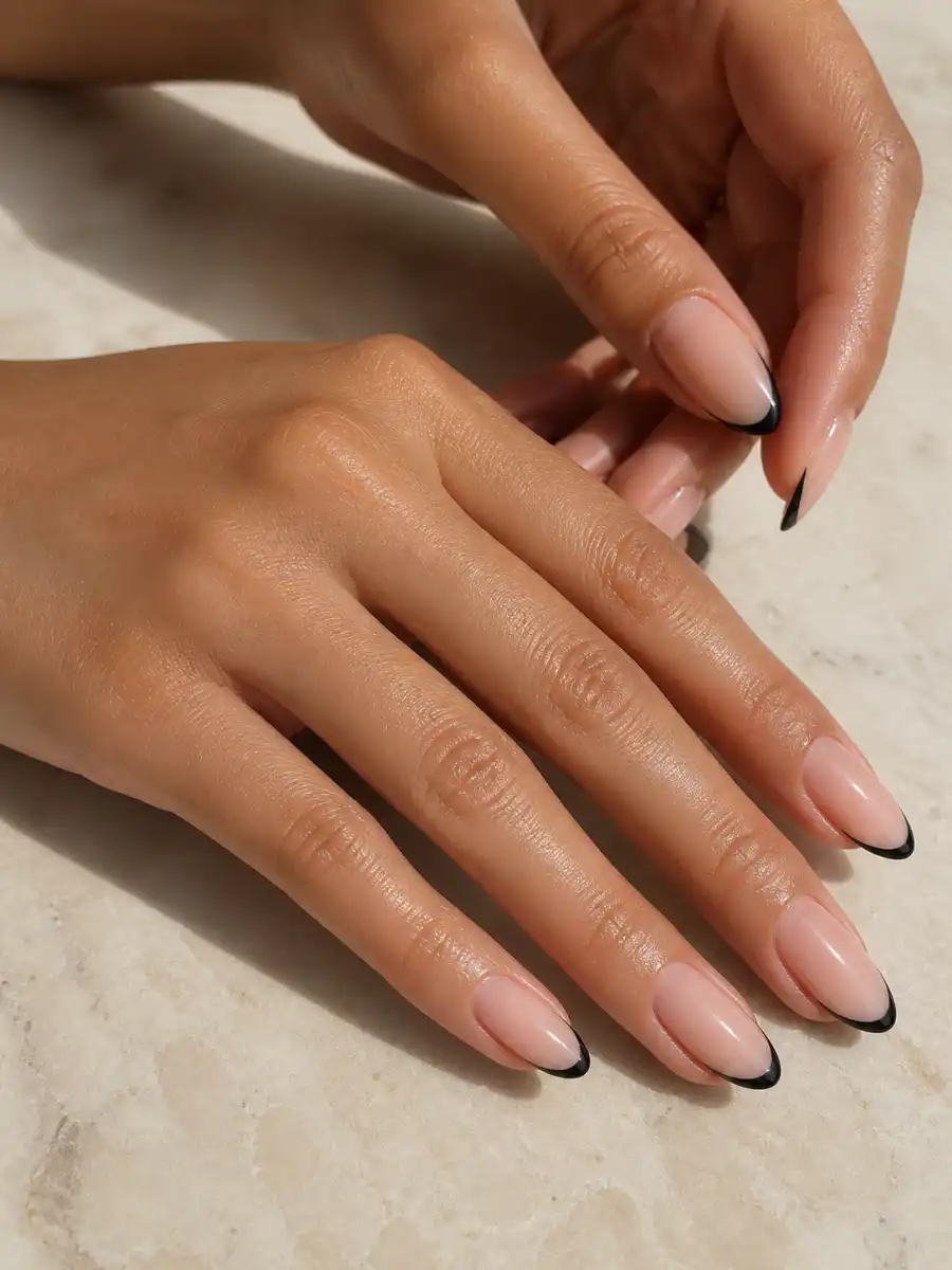 Micro French Black Almond Nails: black almond, micro french tip