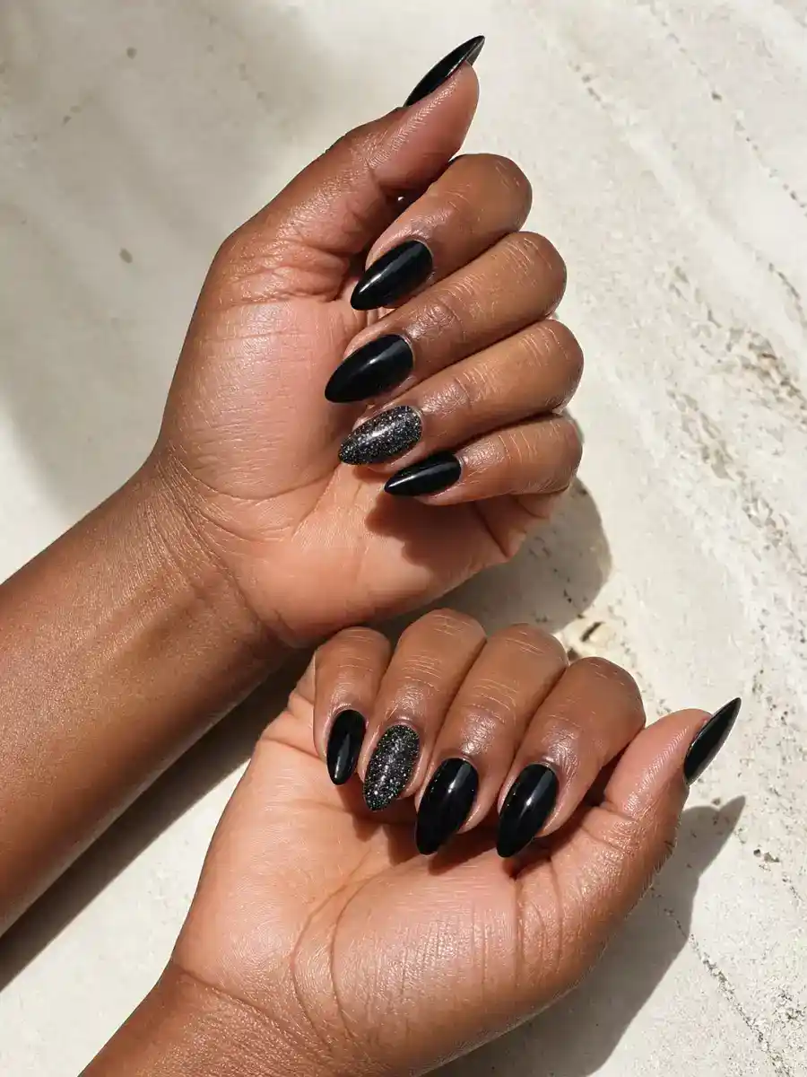 Glitter Accent Black Almond Nails: black almond, glitter accent nail