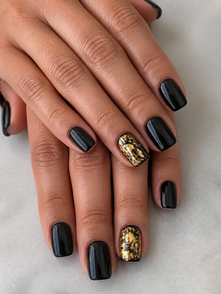 Gold Foil Black Nails: black with one gold accent nail, gold foil black