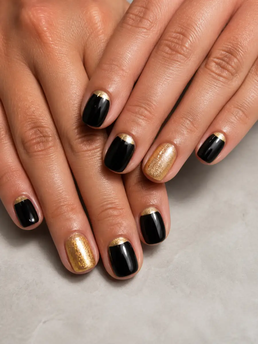 Black Gold Half Moons: black with one gold accent nail, black gold half moons