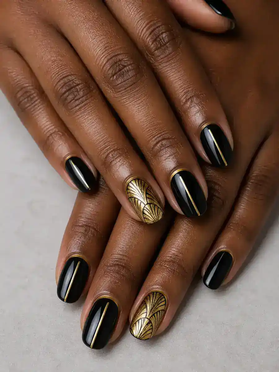 Art Deco Gold Nails: black with one gold accent nail, art deco gold