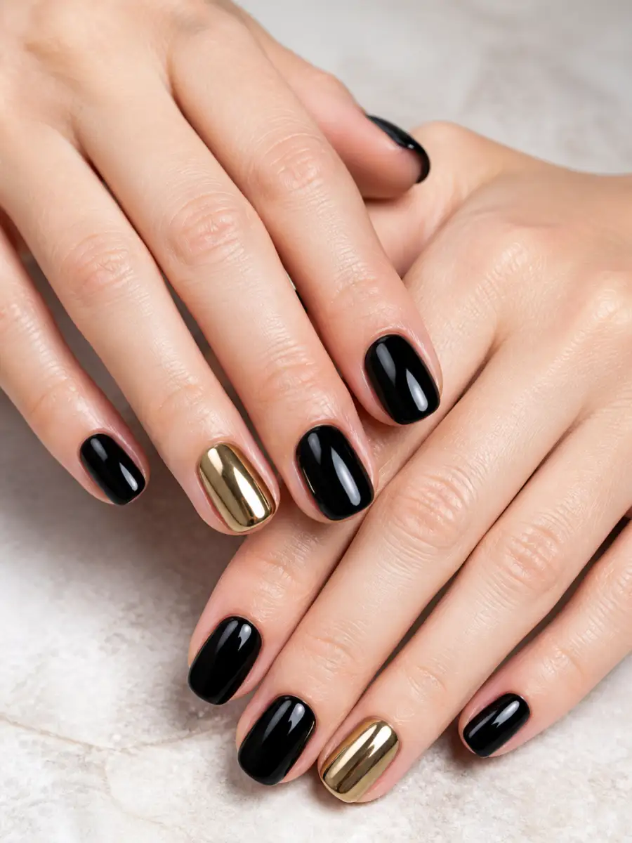 Black Gold Chrome Nails: black with one gold accent nail, black gold chrome