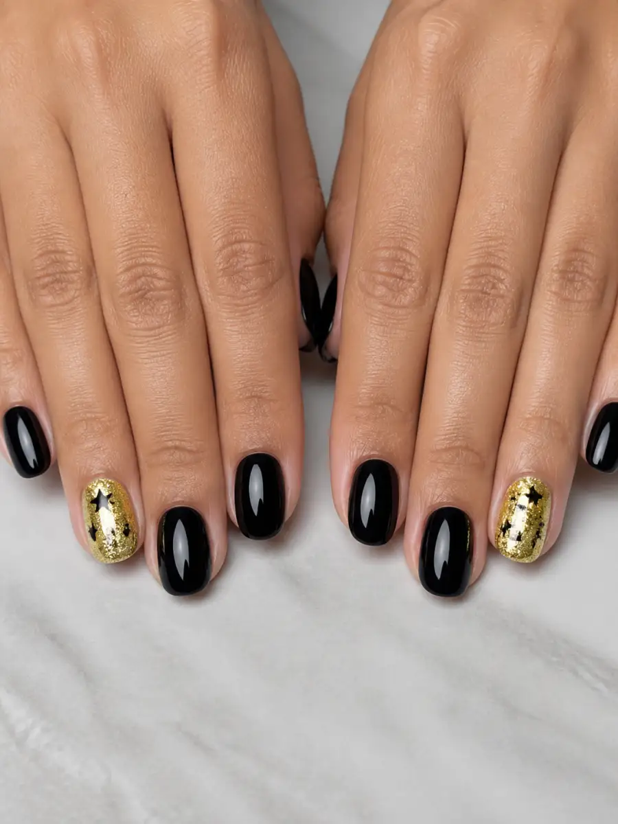 Gold Star Black Nails: black with one gold accent nail, gold star black