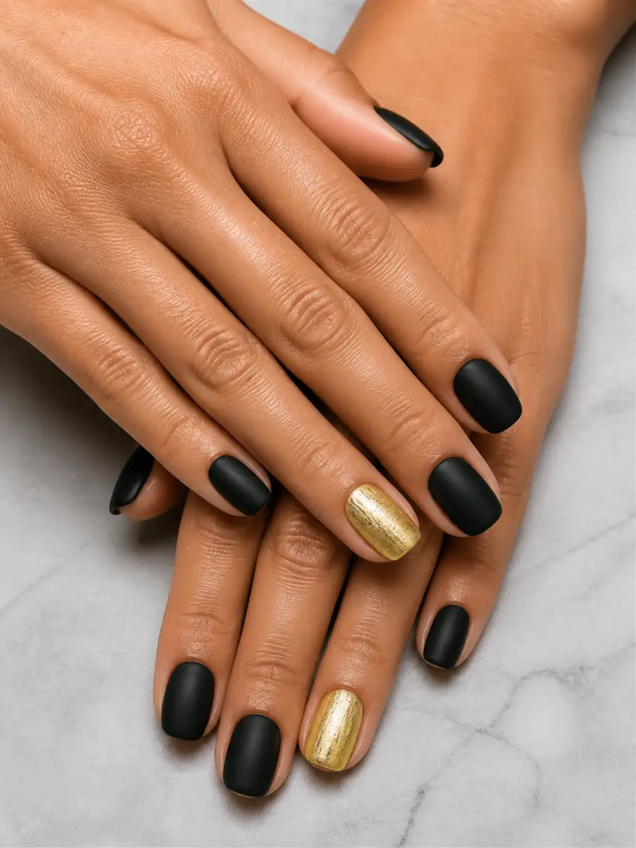 Matte Black Gold Nails: black with one gold accent nail, matte black gold