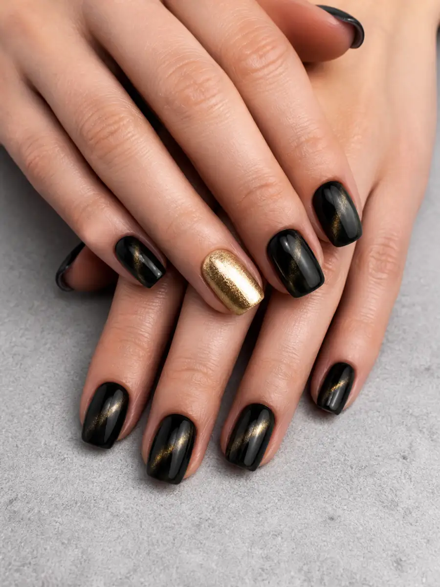 Black Gold Cat Eye Nails: black with one gold accent nail, black gold cat eye