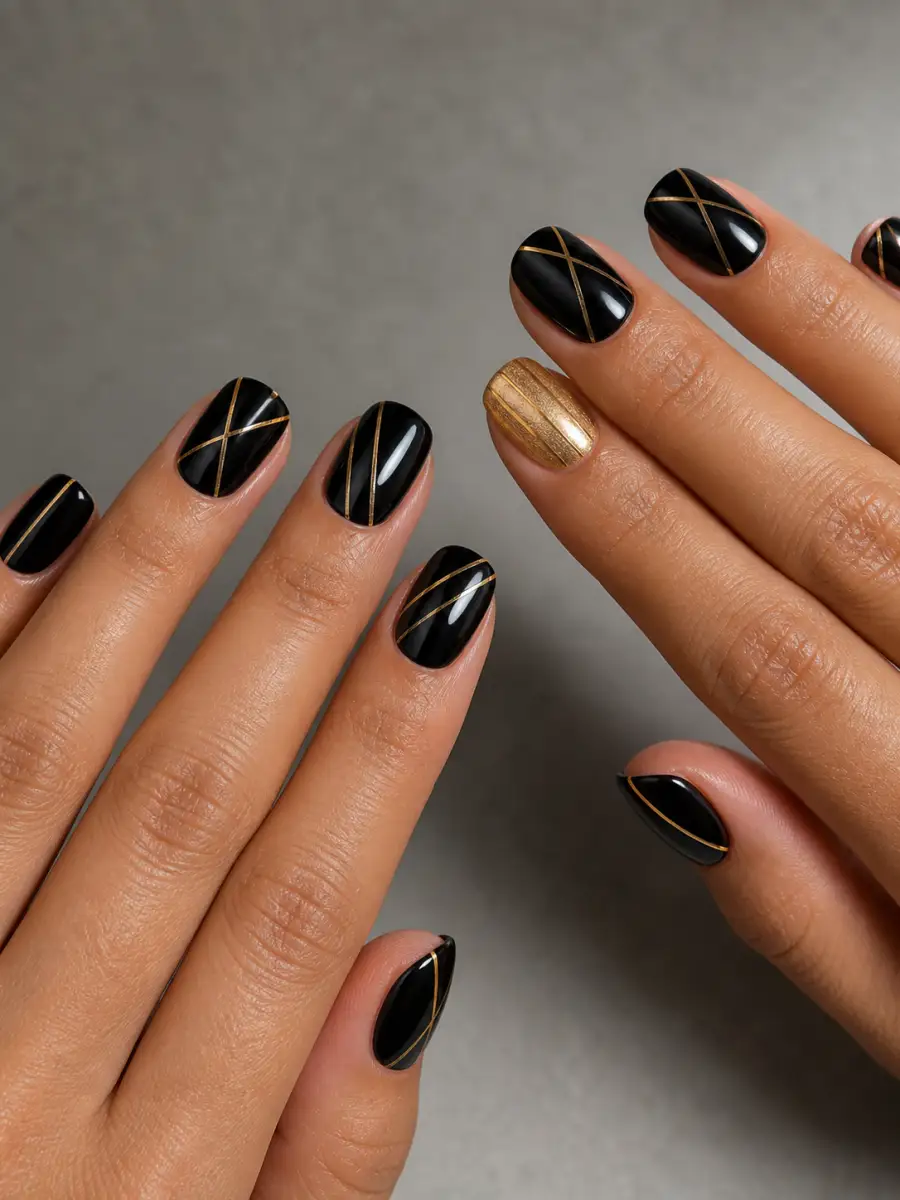 Fine Gold Line Nails: black with one gold accent nail, fine gold line