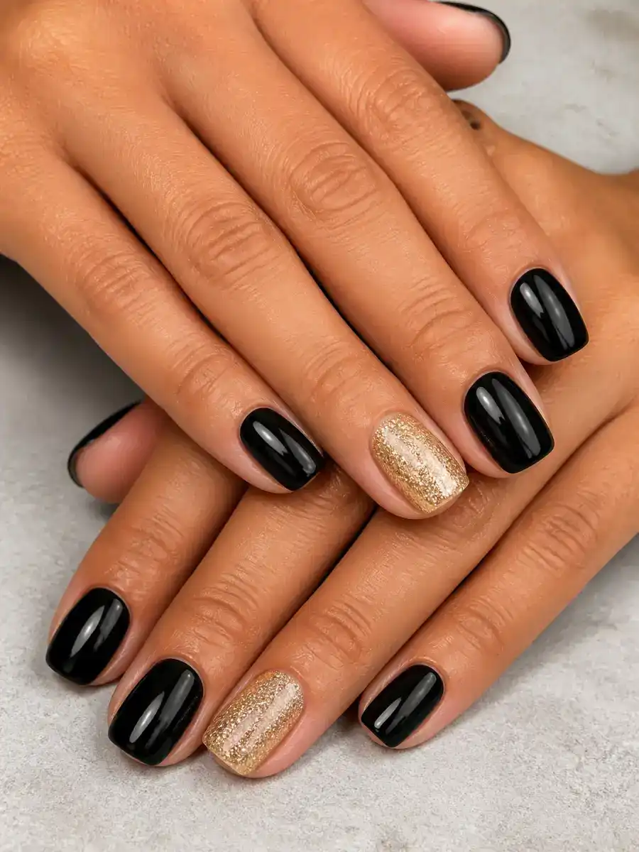 Gold Glitter Accent Nails: black with one gold accent nail, gold glitter accent