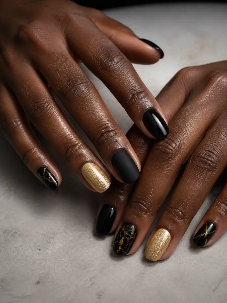 Luxury Mix and Match Nails: black with one gold accent nail, luxury mix and match