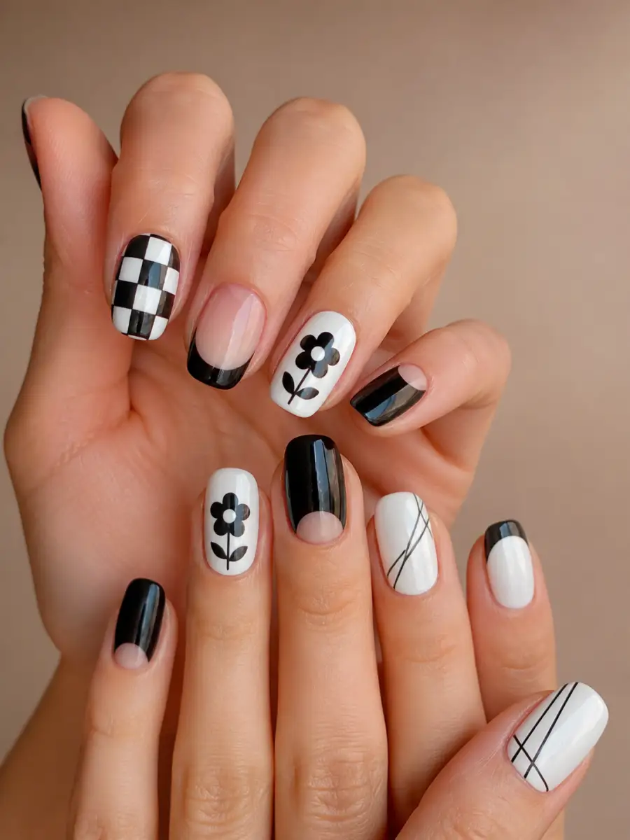 Black White Checker Nails: black and white, alternating nails, black white checker