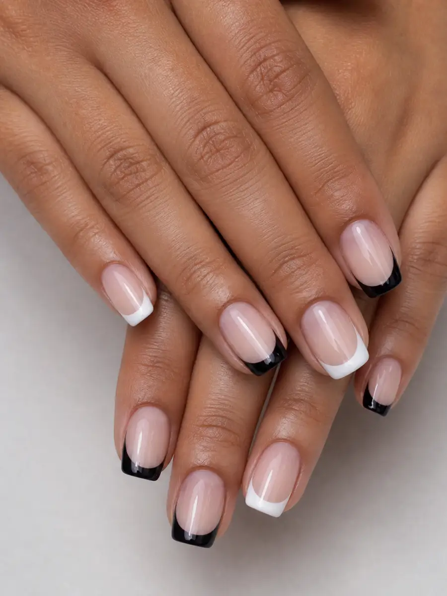 Monochrome French Tips: black and white, alternating nails, monochrome french tips