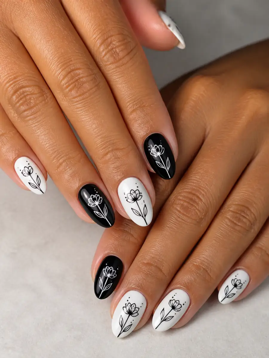 Black White Flower Nails: black and white, alternating nails, black white flower