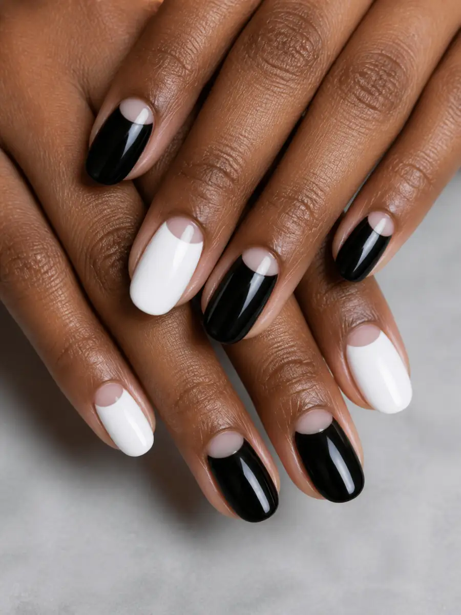 Tuxedo Half Moon Nails: black and white, alternating nails, tuxedo half moon