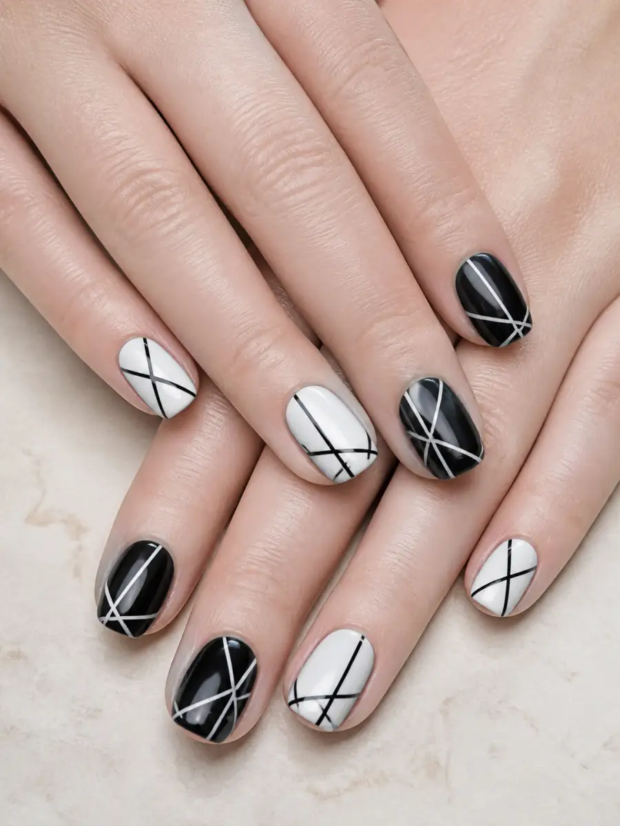Black Line White Nails: black and white, alternating nails, black line white