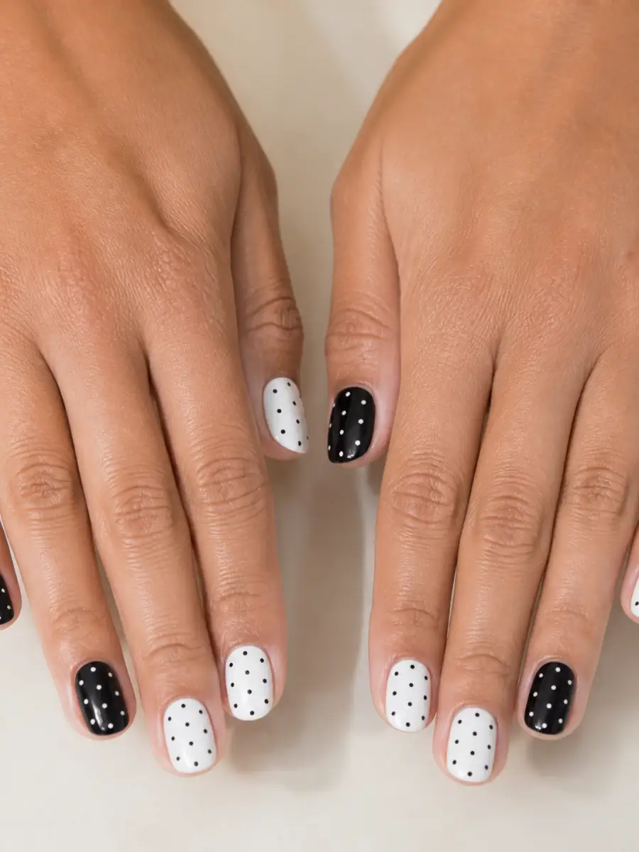 White Dot Black Nails: black and white, alternating nails, white dot black