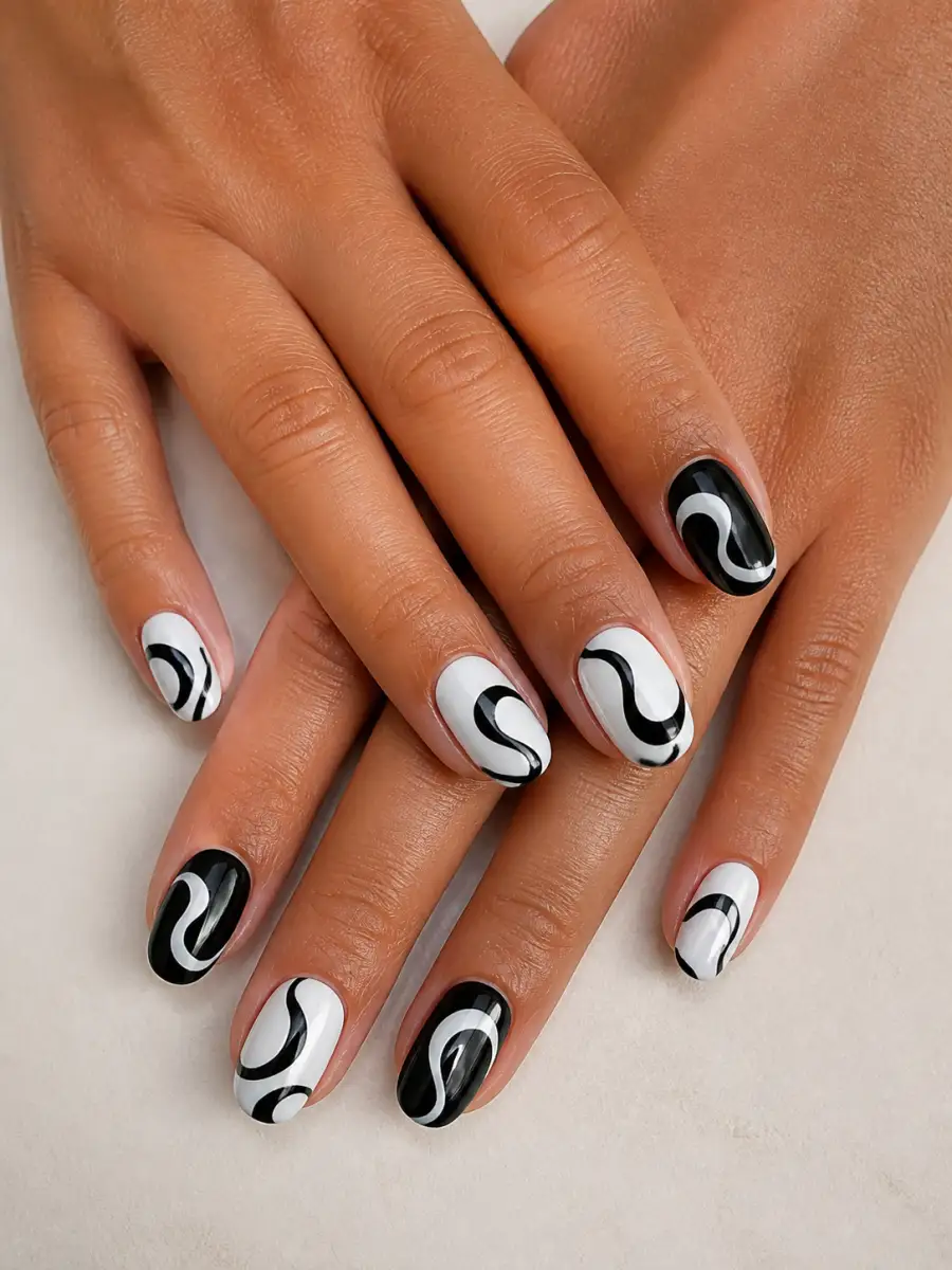 Monochrome Swirl Nails: black and white, alternating nails, monochrome swirl