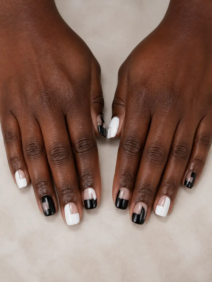 Negative Space Nails: black and white, alternating nails, negative space